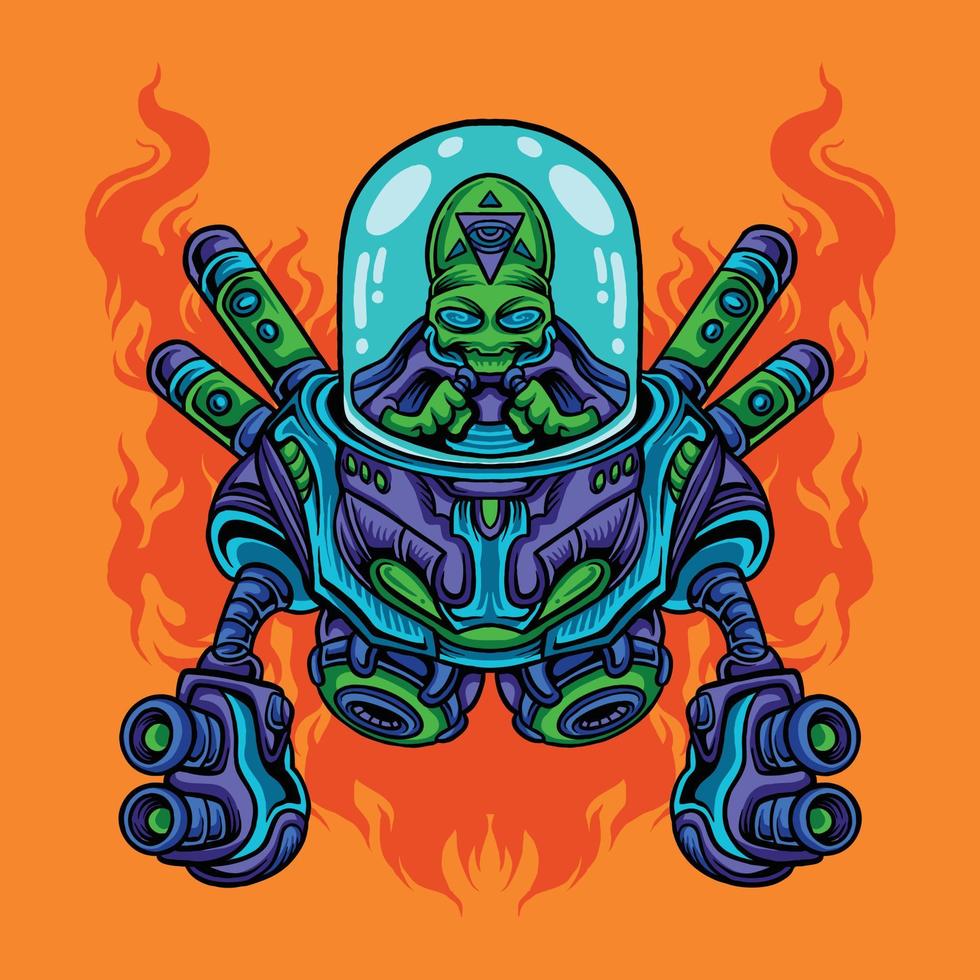 Alien cartoon riding mecha robot vector