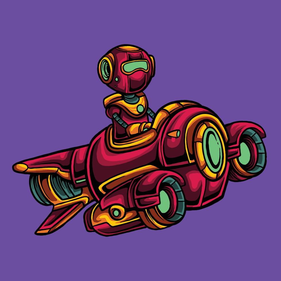 Red robot riding flying spaceship vector