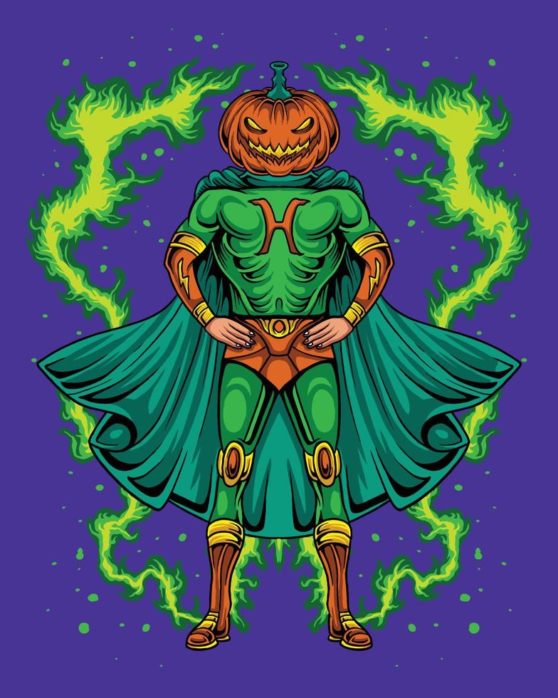 Pumpkin halloween super hero character vector