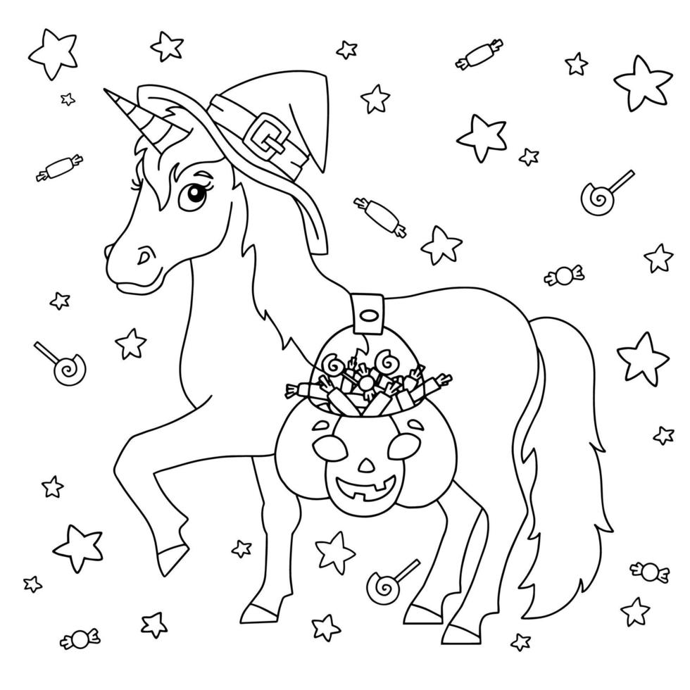 A unicorn in a witch hat carries a pumpkin basket with sweets. Magic fairy horse. Halloween theme. Coloring book page for kids. Cartoon style. Vector illustration isolated on white background.