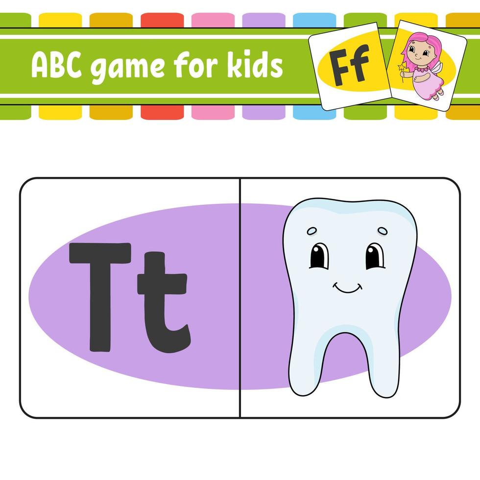 ABC flash cards. Alphabet for kids. Learning letters. Education developing worksheet. Activity page for study English. Game for children. Funny character. Isolated vector illustration. Cartoon style.