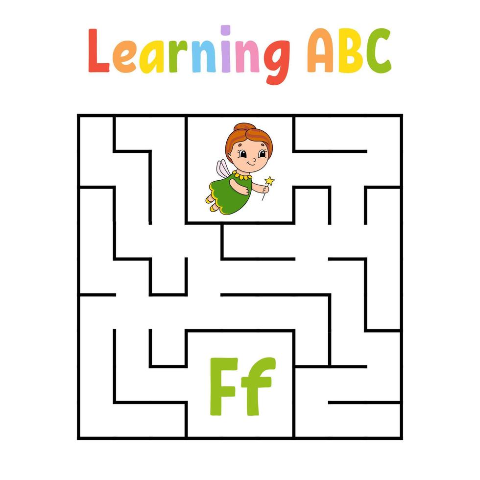 Square maze. Game for kids. Quadrate labyrinth. Education worksheet. Activity page. Learning alphabet. Cute cartoon style. Find the right way. Logical conundrum. Color vector illustration.