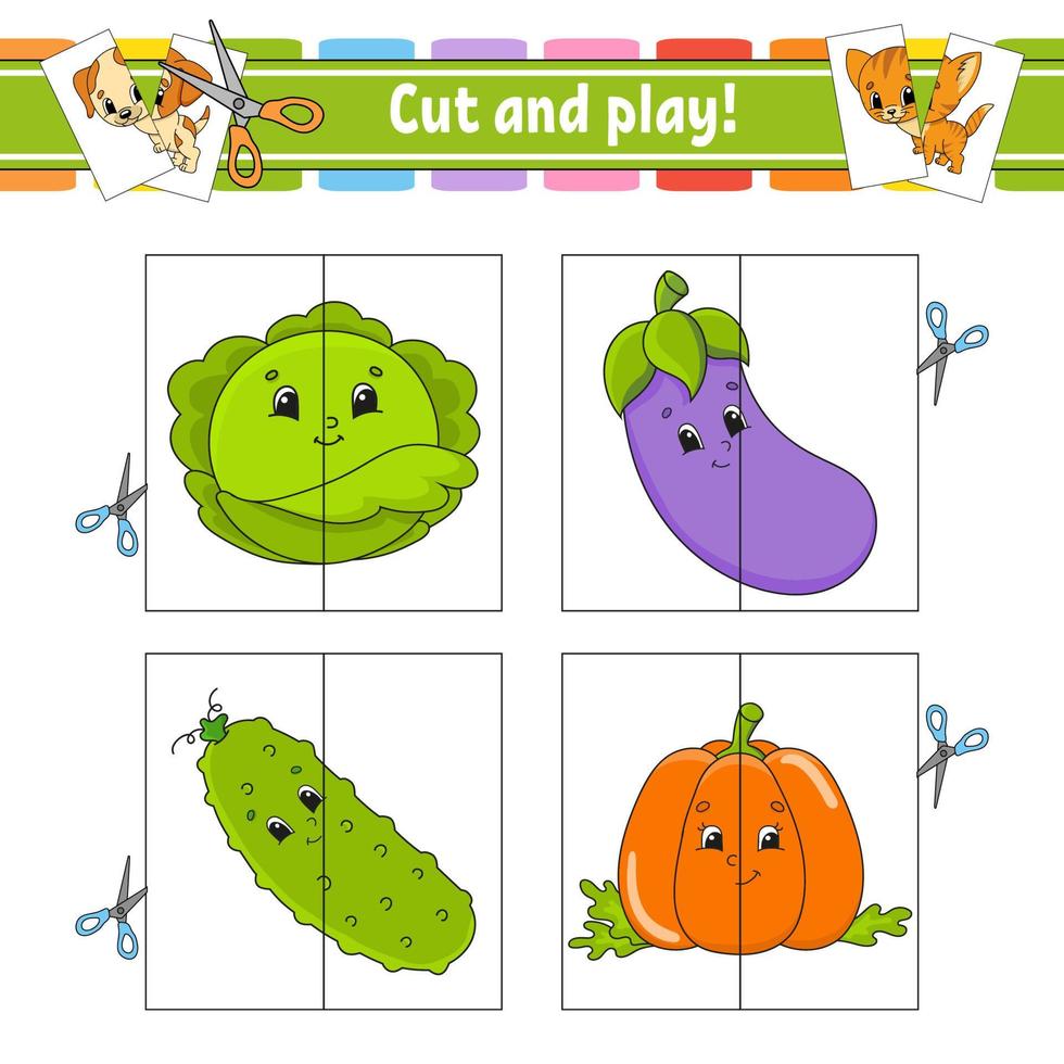 Cut and play. Flash cards. Color puzzle. Education developing worksheet. Activity page. Game for children. Funny character. Isolated vector illustration. Cartoon style.