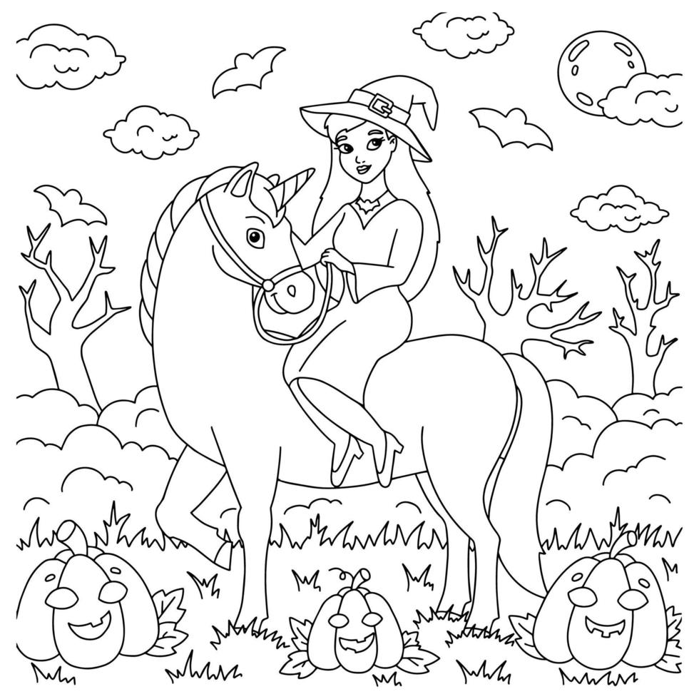 The witch rides a unicorn. Coloring book page for kids. Cartoon style character. Vector illustration isolated on white background. Halloween theme.