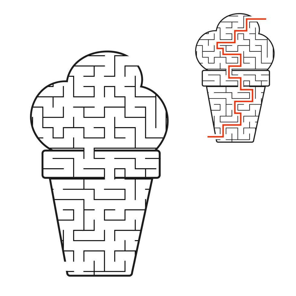 Black labyrinth appetizing ice cream. Kids worksheets. Activity page. Game puzzle for children. Tasty food. Maze conundrum. Vector illustration. With the answer.