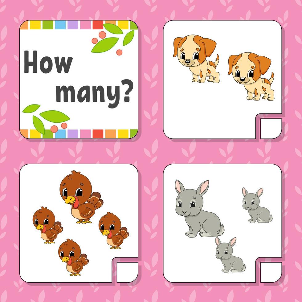 Counting game for children. Happy characters. Learning mathematics. How many object in the picture. Education worksheet. With space for answers. Isolated vector illustration in cute cartoon style.