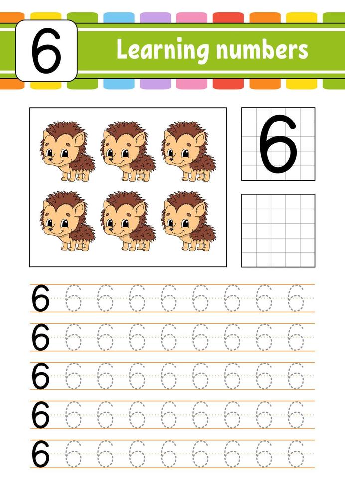 Trace and write. Handwriting practice. Learning numbers for kids. Education developing worksheet. Activity page. Game for toddlers and preschoolers. Isolated vector illustration in cute cartoon style.