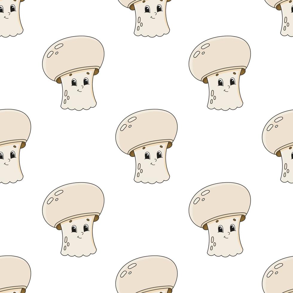 Happy mushroom. Colored seamless pattern with cute cartoon character. Simple flat vector illustration isolated on white background. Design wallpaper, fabric, wrapping paper, covers, websites.