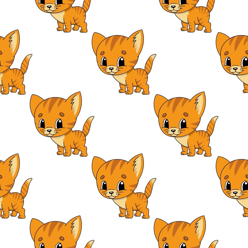 Happy kitten. Colored seamless pattern with cute cartoon character. Simple flat vector illustration isolated on white background. Design wallpaper, fabric, wrapping paper, covers, websites.