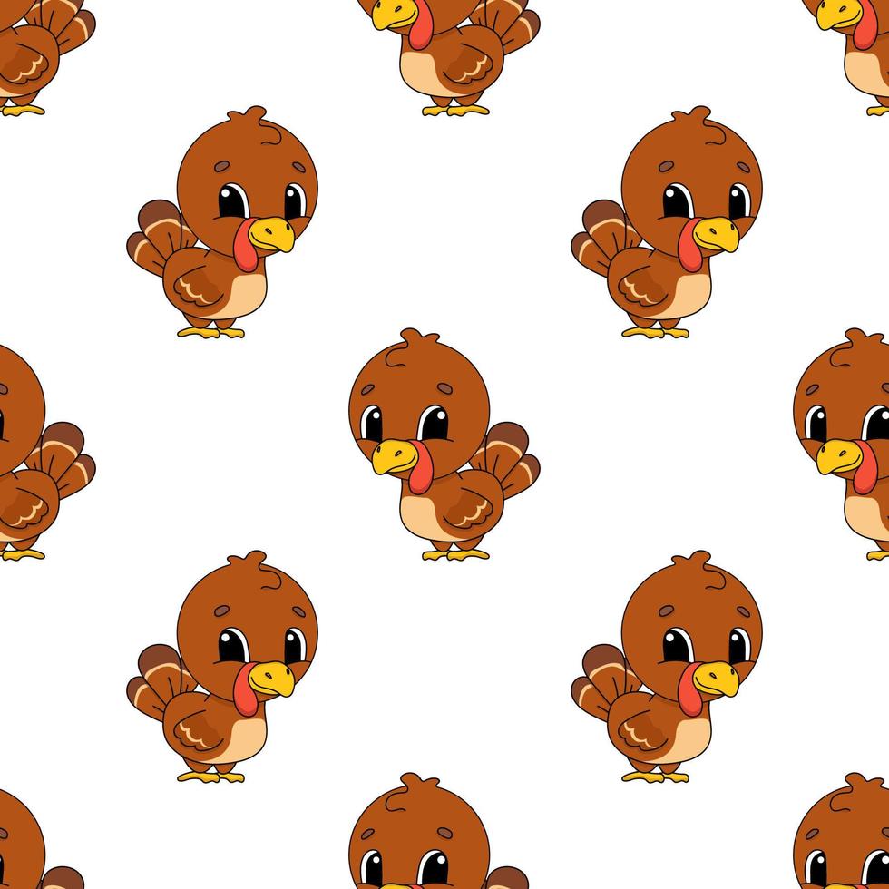 Happy turkey. Colored seamless pattern with cute cartoon character. Simple flat vector illustration isolated on white background. Design wallpaper, fabric, wrapping paper, covers, websites.