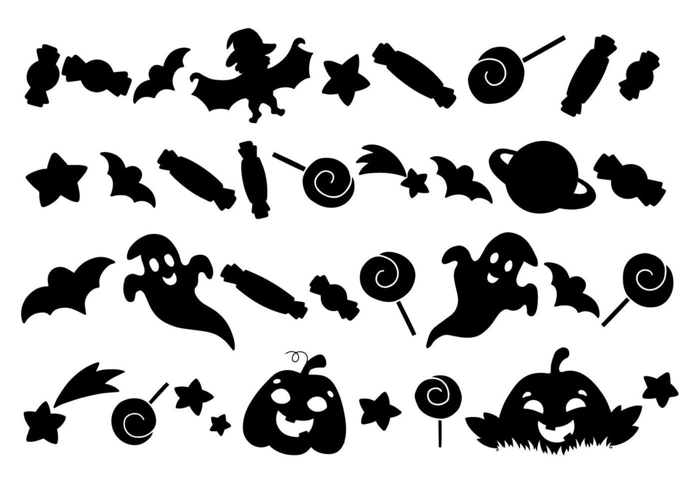 Set of pumpkin elements, ghosts, sweets, stars. Black silhouette. Design element. Vector illustration isolated on white background. Halloween theme.