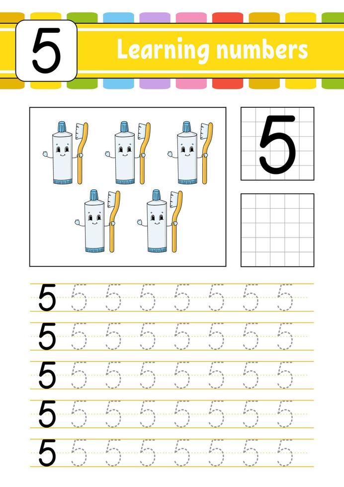 Trace and write. Handwriting practice. Learning numbers for kids. Education developing worksheet. Activity page. Game for toddlers and preschoolers. Isolated vector illustration in cute cartoon style.