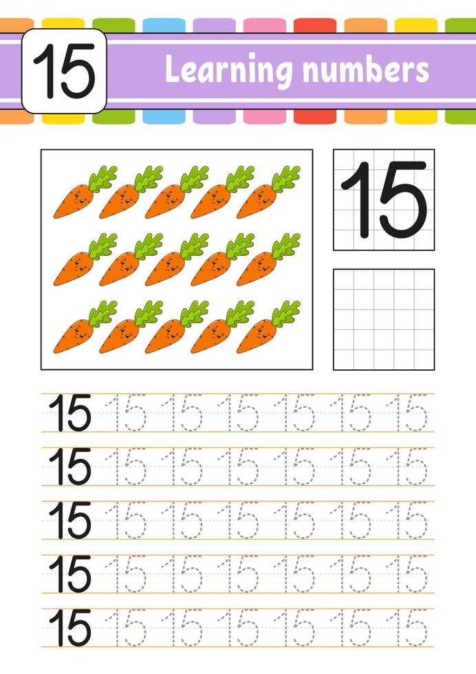 Learning numbers for kids. Handwriting practice. Education developing worksheet. Activity page. Game for toddlers and preschoolers. Isolated vector illustration in cute cartoon style.