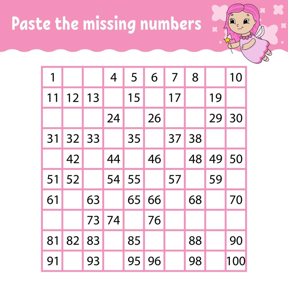 Paste the missing numbers. Handwriting practice. Learning numbers for kids. Education developing worksheet. Activity page. Game for children. Isolated vector illustration in cute cartoon style.