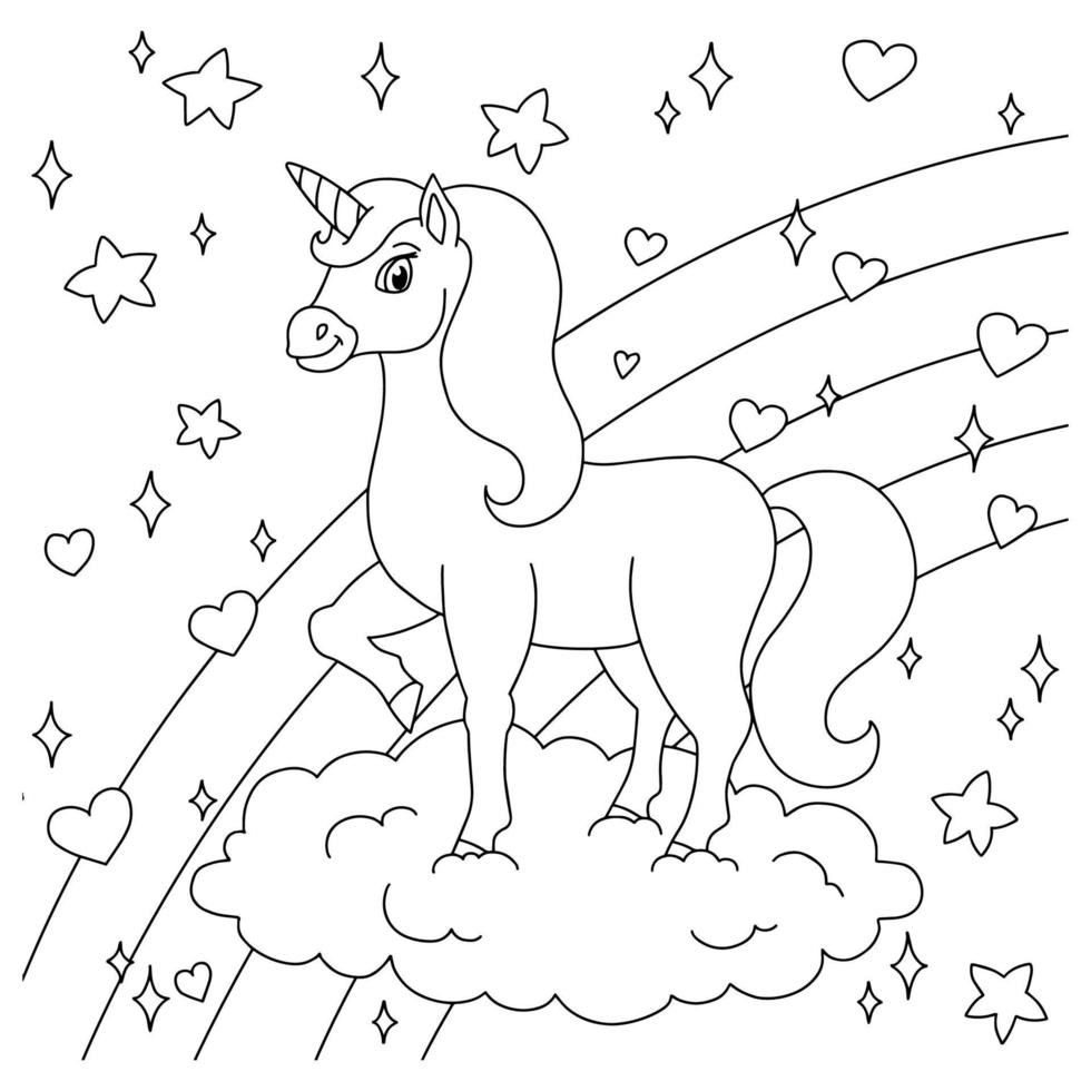 Magic fairy unicorn on cloud. Cute horse. Coloring book page for kids. Cartoon style. Vector illustration isolated on white background.