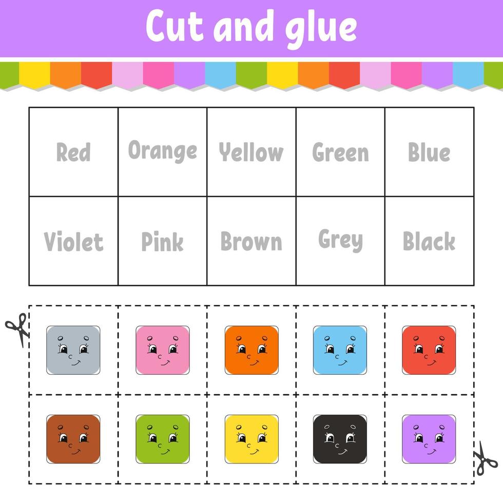 Cut and glue. Learning color games for preschool. Activity worksheet for kids. Game for children. Cartoon character. Vector illustration.