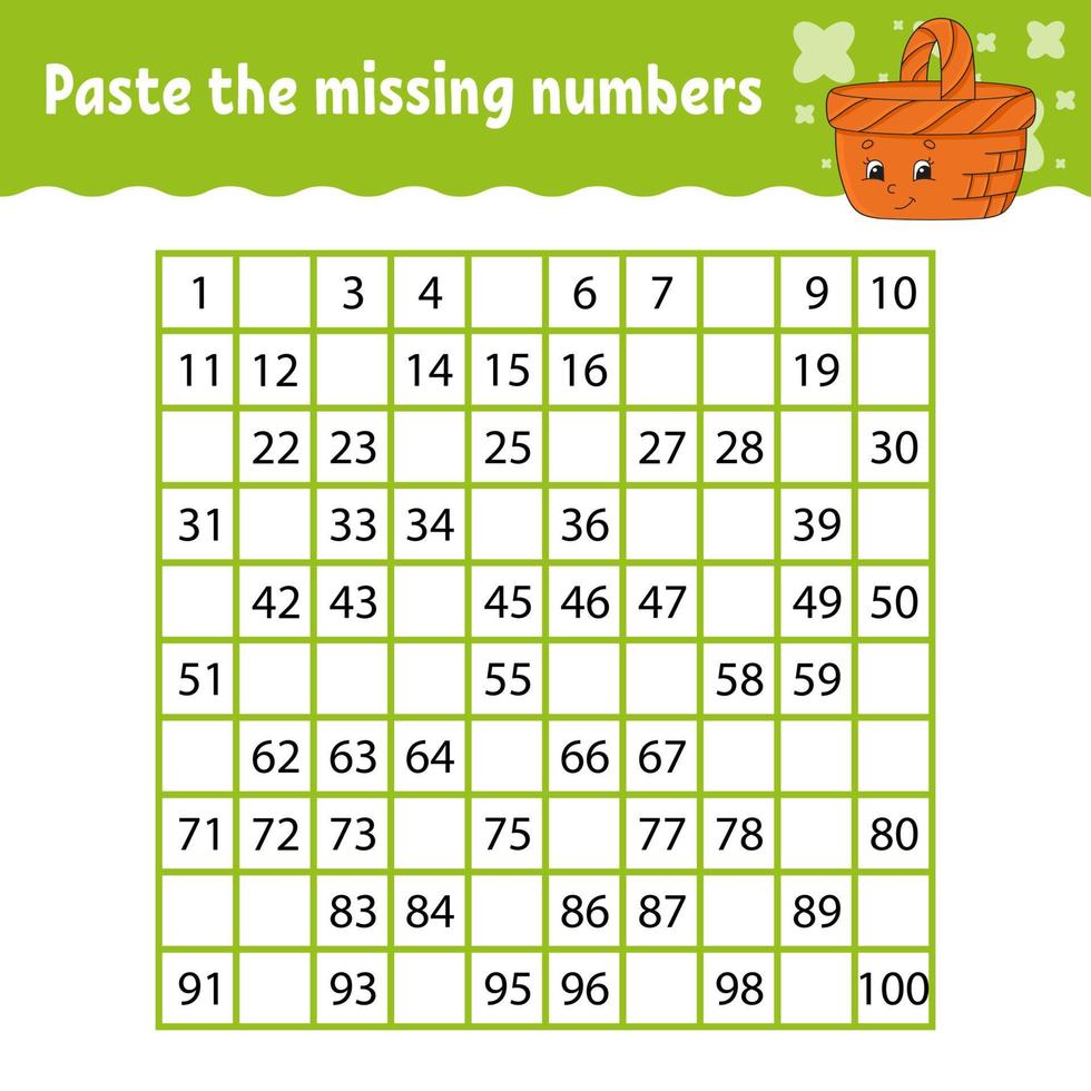 Paste the missing numbers. Handwriting practice. Learning numbers for kids. Education developing worksheet. Activity page. Game for children. Isolated vector illustration in cute cartoon style.
