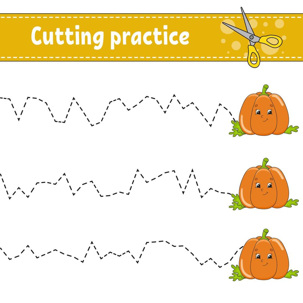 Cutting practice for kids. Education developing worksheet. Activity page with pictures. Game for children. Isolated vector illustration. Funny character. Cartoon style.