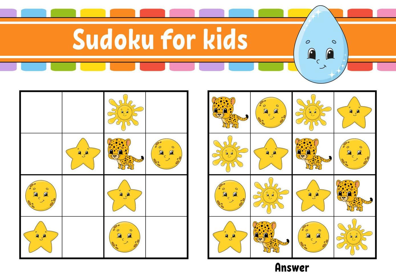 Sudoku for kids. Education developing worksheet. Activity page with pictures. Puzzle game for children. Logical thinking training. Isolated vector illustration. Funny character. Cartoon style.