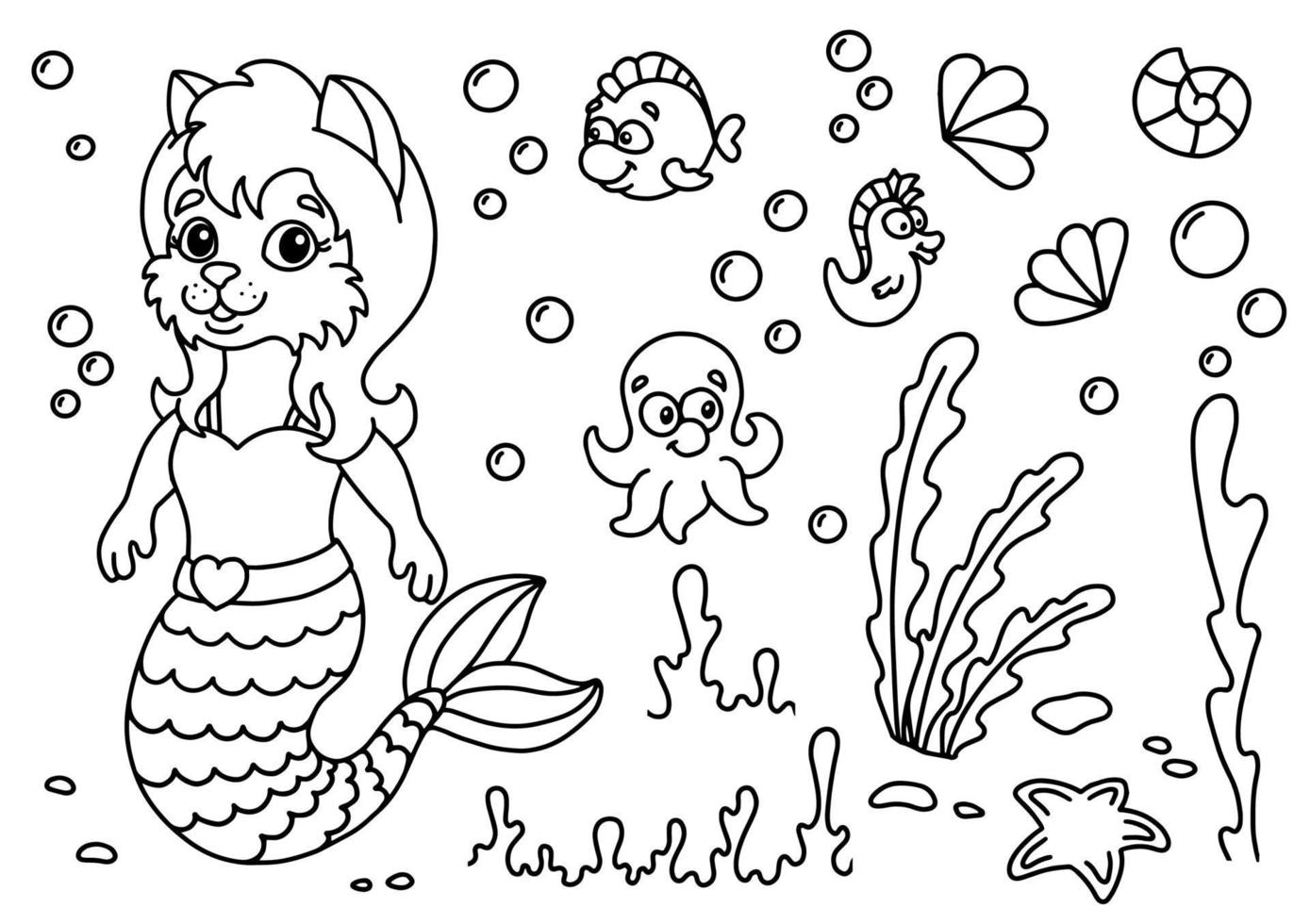 Cute mermaid cat in the underwater world. Coloring book page for kids. Cartoon style. Vector illustration isolated on white background.