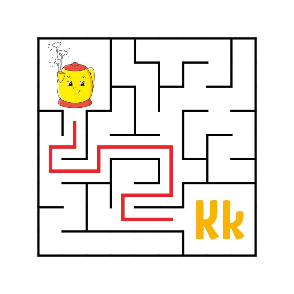 Square maze. Game for kids. Funny quadrate labyrinth. Education worksheet. Activity page. Puzzle for children. Cute cartoon style. Find the right way. Logical conundrum. Color vector illustration.