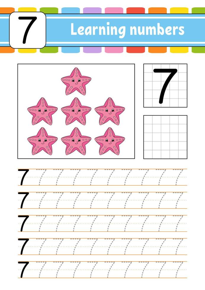 Trace and write. Handwriting practice. Learning numbers for kids. Education developing worksheet. Activity page. Game for toddlers and preschoolers. Isolated vector illustration in cute cartoon style.