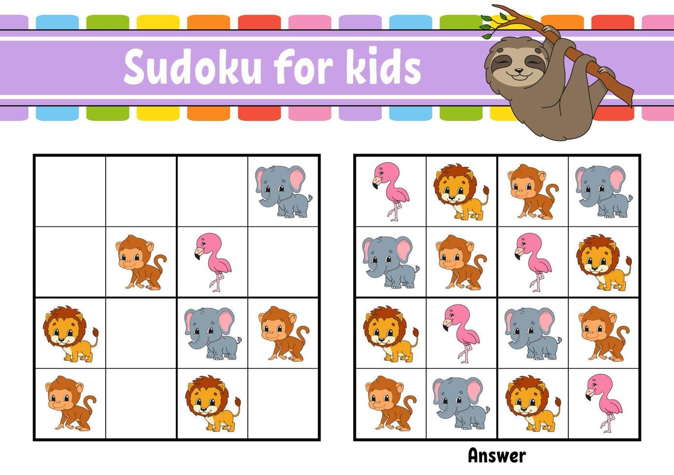 sudoku para niños. hoja de trabajo de desarrollo educativo. página de actividades con imágenes. juego de rompecabezas para niños. entrenamiento del pensamiento lógico. ilustración vectorial aislada. personaje divertido. estilo de dibujos animados. vector