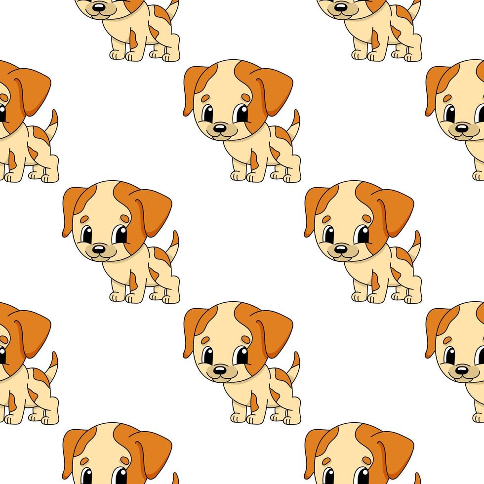 Happy dog. Colored seamless pattern with cute cartoon character. Simple flat vector illustration isolated on white background. Design wallpaper, fabric, wrapping paper, covers, websites.