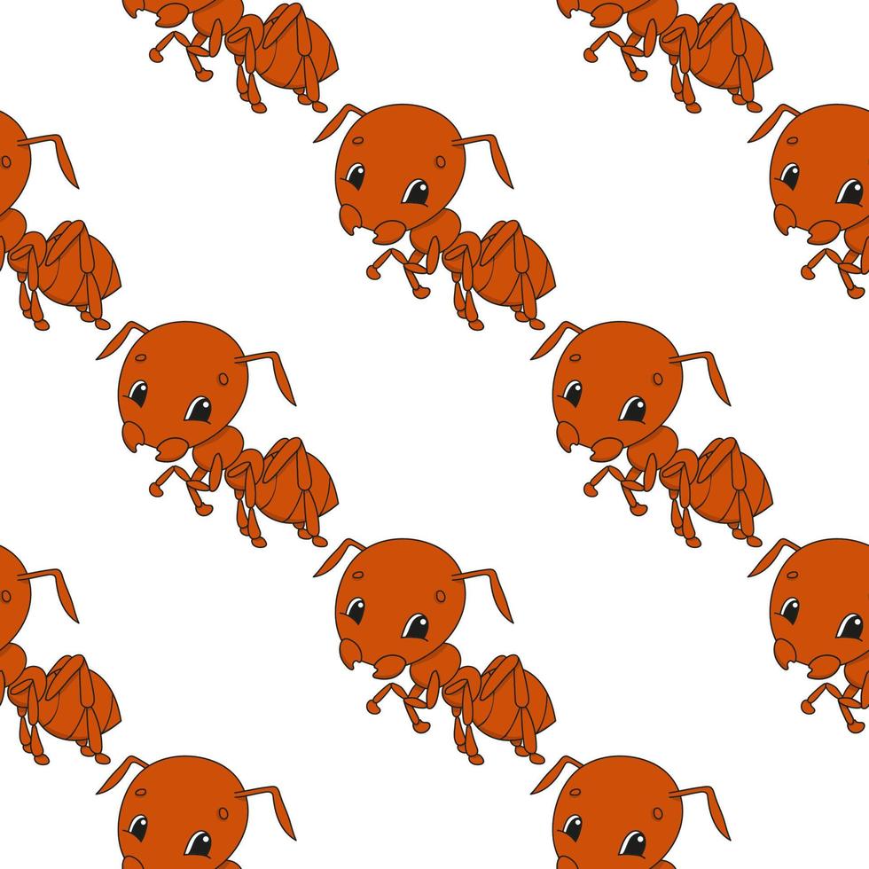 Happy ant. Colored seamless pattern with cute cartoon character. Simple flat vector illustration isolated on white background. Design wallpaper, fabric, wrapping paper, covers, websites.