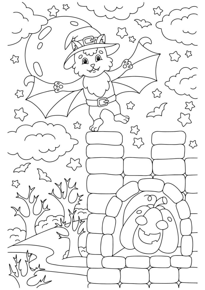 A cute bat flew into the castle. Coloring book page for kids. Cartoon style character. Vector illustration isolated on white background.