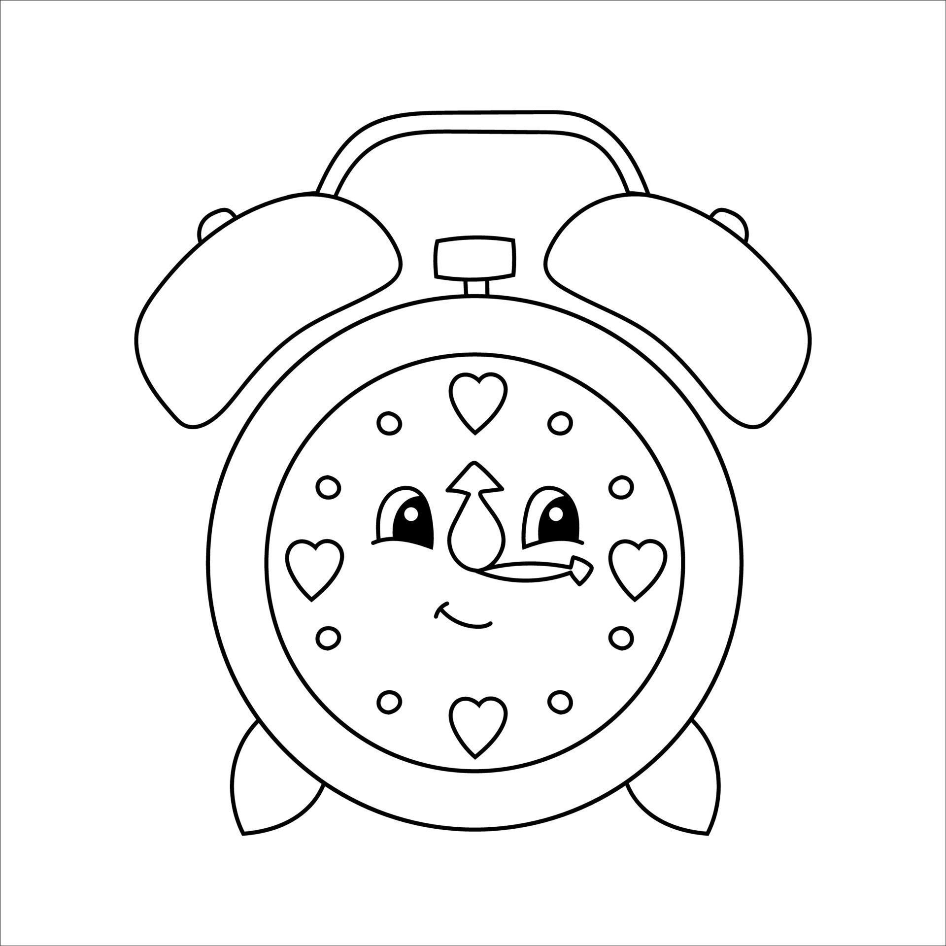 Alarm clock. Coloring book page for kids. Cartoon style. Vector