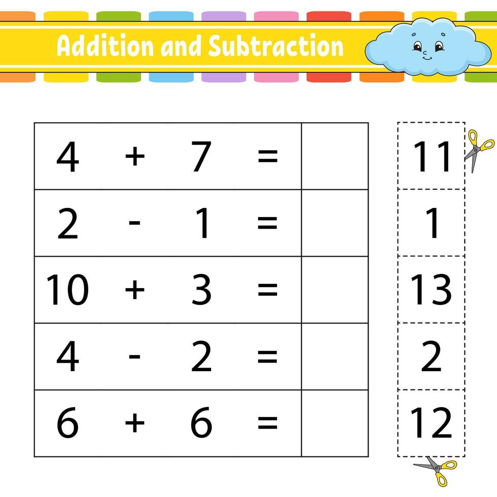 Addition and subtraction. Task for kids. Education developing worksheet. Activity page. Game for children. Funny character. Isolated vector illustration. Cartoon style.