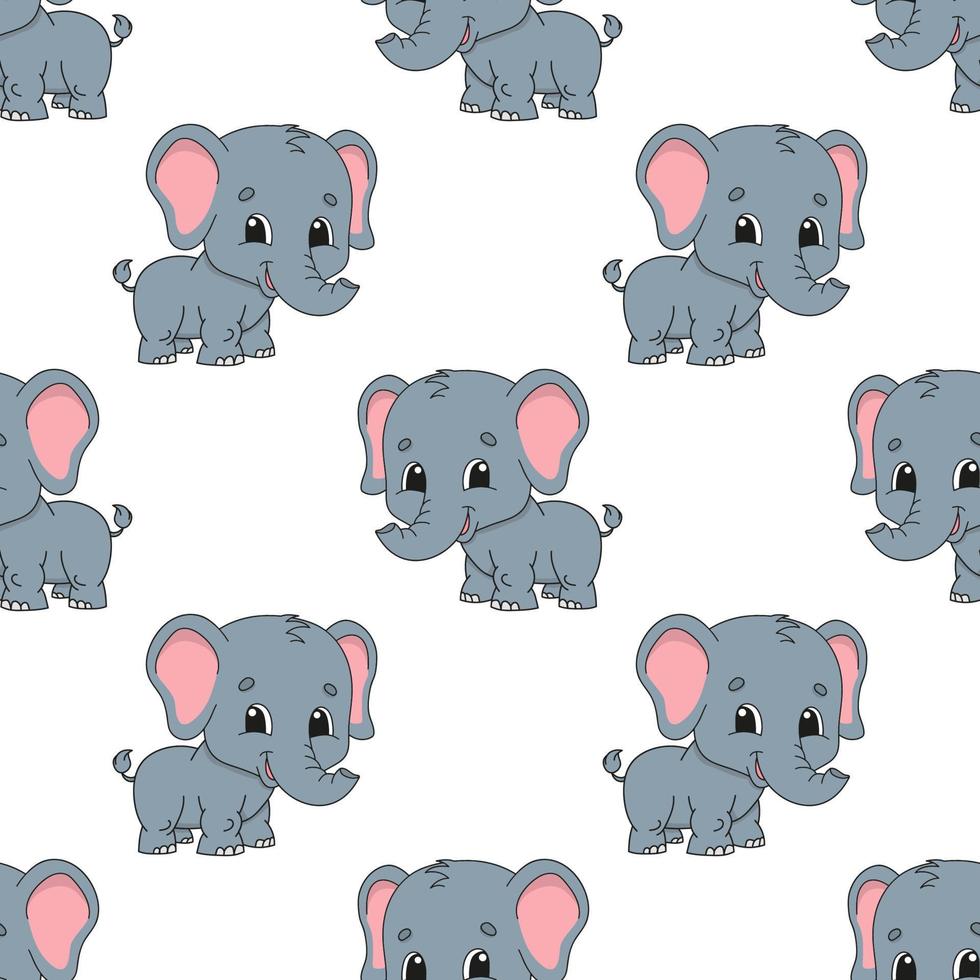 Happy elephant. Colored seamless pattern with cute cartoon character. Simple flat vector illustration isolated on white background. Design wallpaper, fabric, wrapping paper, covers, websites.