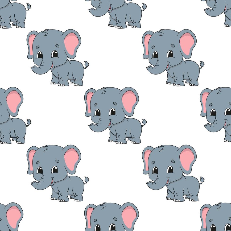 Happy elephant. Colored seamless pattern with cute cartoon character. Simple flat vector illustration isolated on white background. Design wallpaper, fabric, wrapping paper, covers, websites.