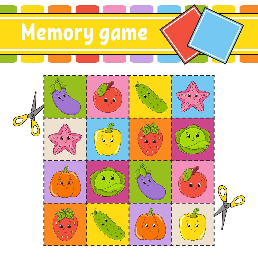Memory game for kids. Education developing worksheet. Activity page with pictures. Puzzle game for children. Logical thinking training. Isolated vector illustration. Funny character. Cartoon style.