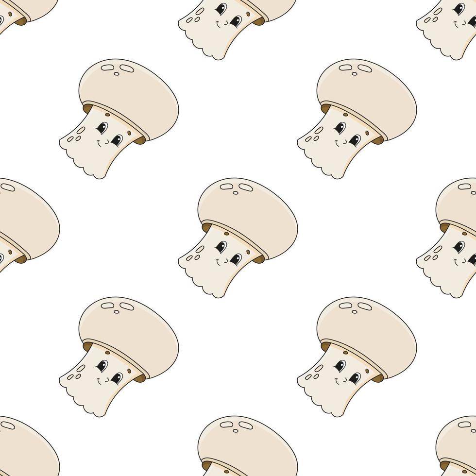 Happy mushroom. Colored seamless pattern with cute cartoon character. Simple flat vector illustration isolated on white background. Design wallpaper, fabric, wrapping paper, covers, websites.