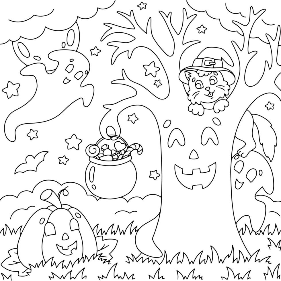 Meeting of friends. Cat, pumpkin, ghost, magic tree. Coloring book page for kids. Halloween theme. Magical creatures celebrate the holiday. Vector illustration