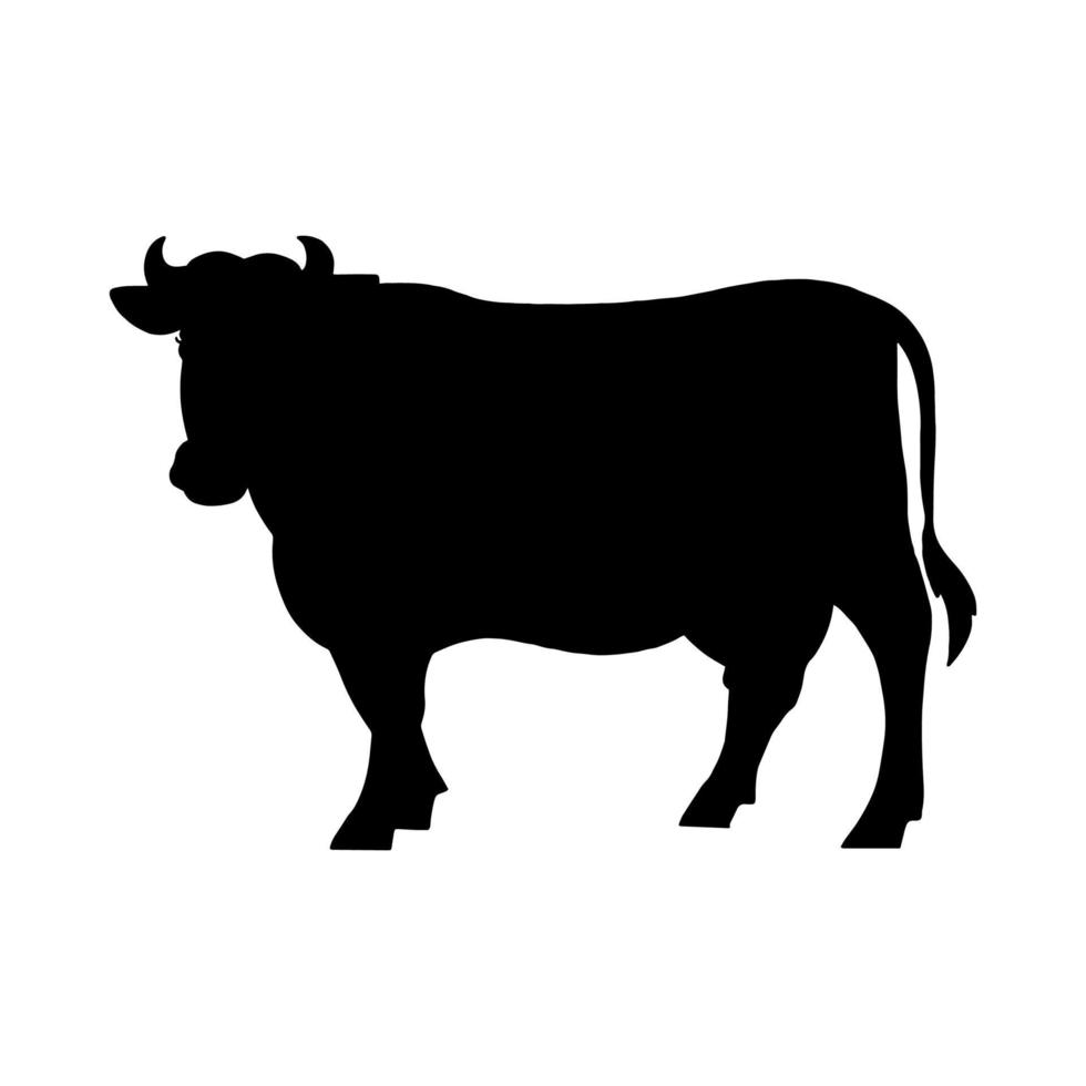 Farm animal cow. Black silhouette. Design element. Vector illustration isolated on white background. Template for books, stickers, posters, cards, clothes.