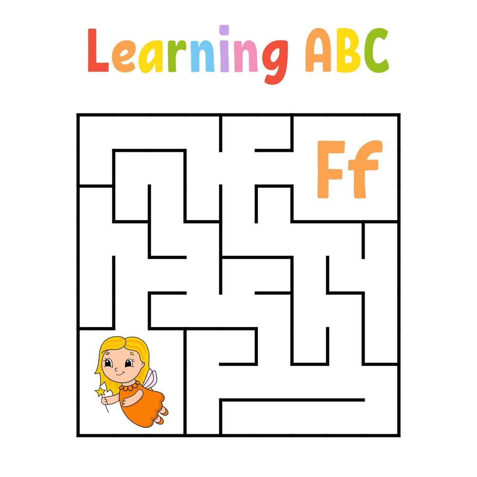 Square maze. Game for kids. Quadrate labyrinth. Education worksheet. Activity page. Learning alphabet. Cute cartoon style. Find the right way. Logical conundrum. Color vector illustration.