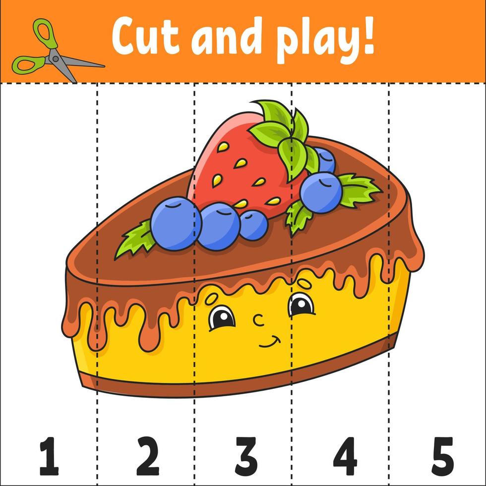 Learning numbers 1-5. Cut and play. Education worksheet. Game for kids. Color activity page. Puzzle for children. Riddle for preschool. Vector illustration. Cartoon style.