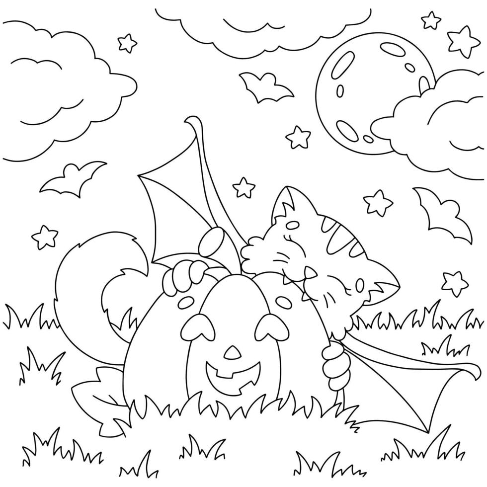 A cute bat bites a pumpkin. Coloring book page for kids. Halloween theme. Cartoon style character. Vector illustration isolated on white background.