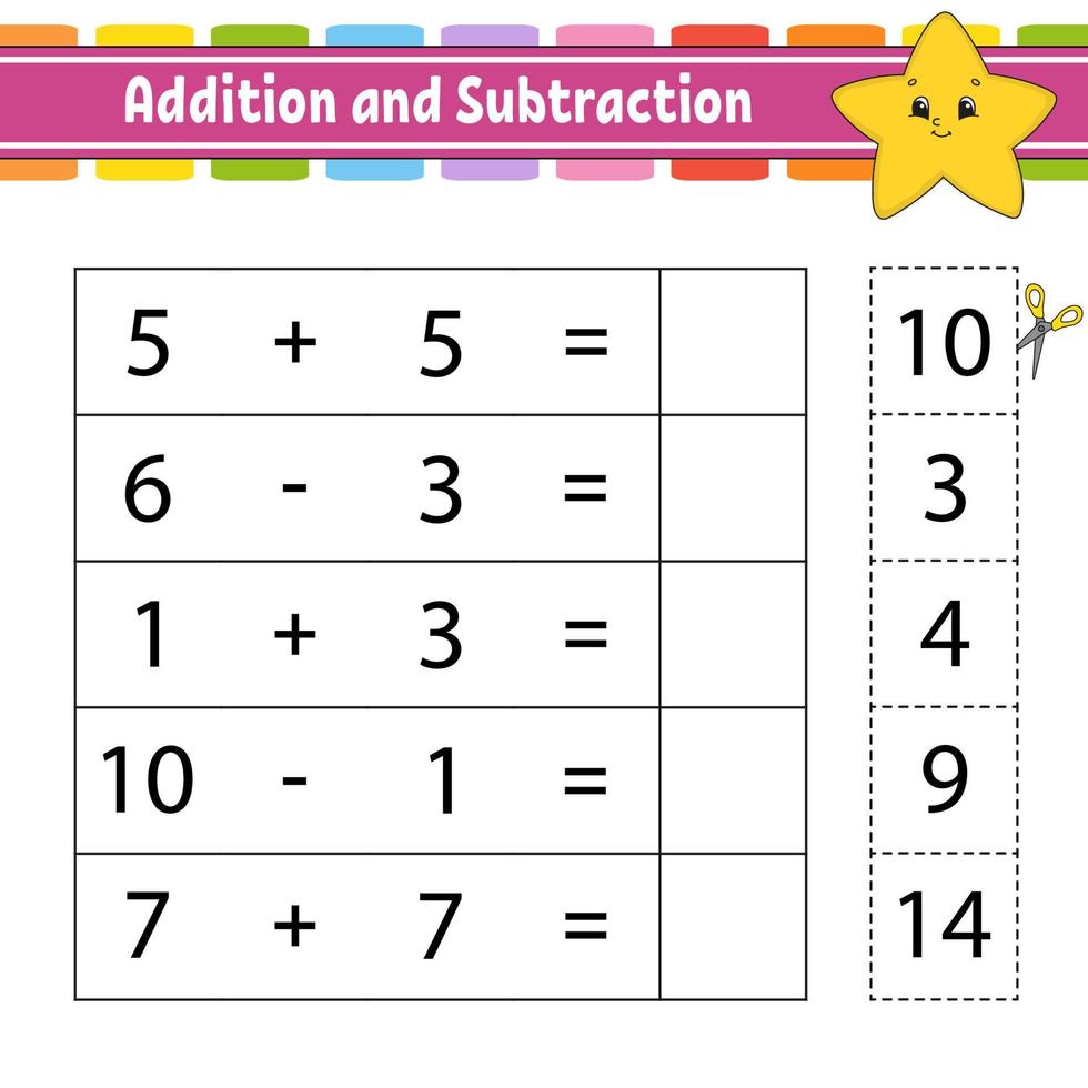 Addition and subtraction. Task for kids. Education developing worksheet. Activity page. Game for children. Funny character. Isolated vector illustration. Cartoon style.