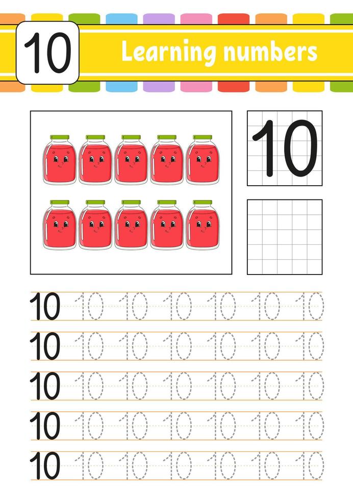 Learning numbers for kids. Handwriting practice. Education developing worksheet. Activity page. Game for toddlers and preschoolers. Isolated vector illustration in cute cartoon style.