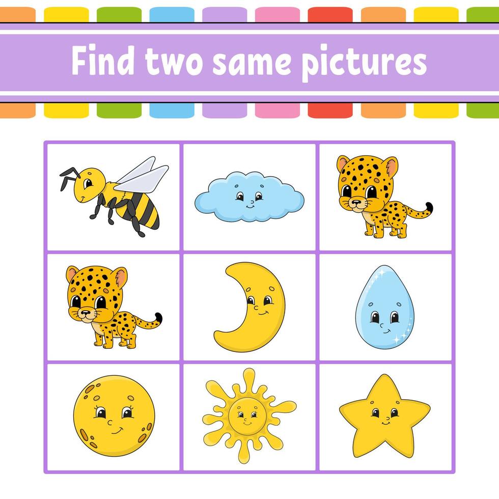 Find two same pictures. Task for kids. Education developing worksheet. Activity page. Game for children. Funny character. Isolated vector illustration. Cartoon style.