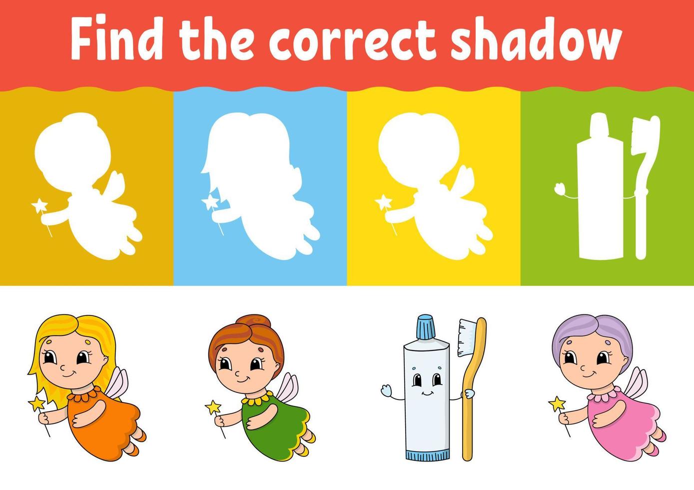 Find the correct shadow. Education developing worksheet. Matching game for kids. Activity page. Puzzle for children. Riddle for preschool. Cute character. Isolated vector illustration. Cartoon style.