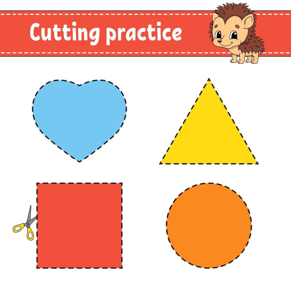 Cutting practice for kids. Education developing worksheet. Activity page with pictures. Game for children. Isolated vector illustration. Funny character. Cartoon style.