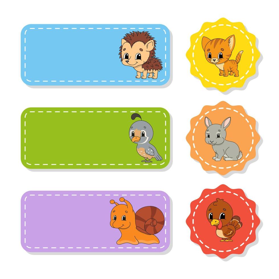 Set of colored stickers with cute characters. Isolated vector illustration.