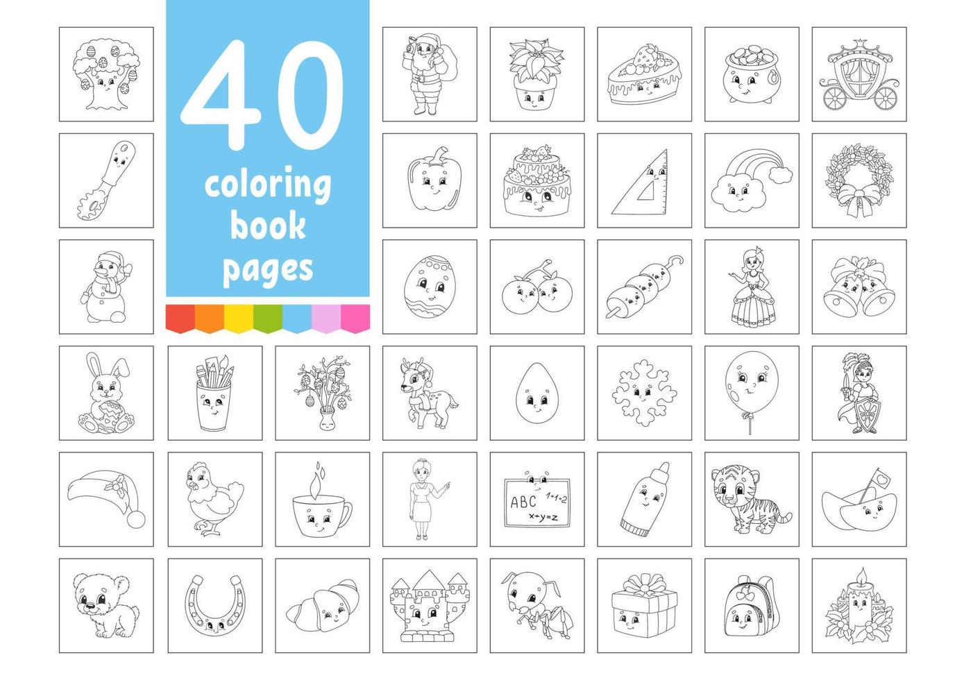 A large set of coloring books for children. Cute cartoon characters. Pages for coloring. Christmas, summer, animals, vegetables, food, easter. Vector illustration isolated on white background.