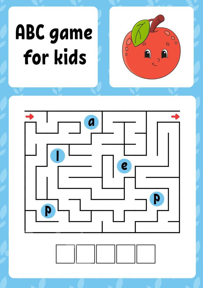 ABC maze for kids. Rectangle labyrinth. Activity worksheet. Puzzle for children. Cartoon style. Logical conundrum. Color vector illustration.