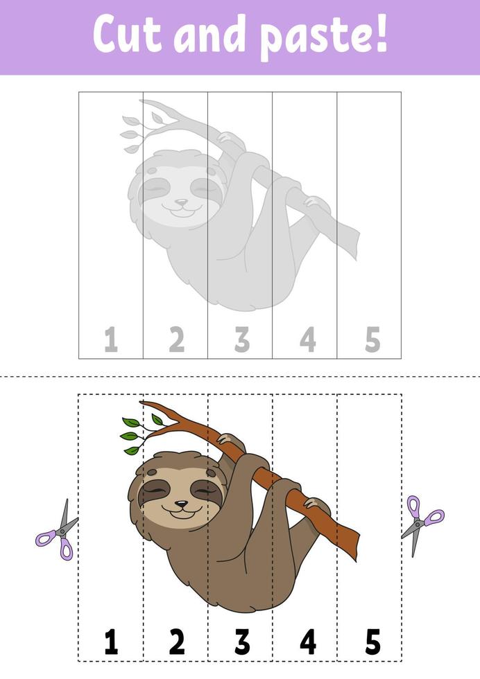 Learning numbers. Cut and play. Education developing worksheet. Game for kids. Activity page. Puzzle for children. Riddle for preschool. Flat isolated vector illustration. Cute cartoon style.